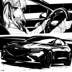 Rule 34 | 1girl, car interior, collared shirt, commentary, driving, english commentary, from side, genesis (company), genesis g70, greyscale, hair between eyes, hair ribbon, highres, looking at viewer, monochrome, multiple views, necktie, nougat (73r1r1), open mouth, original, ribbon, shadow, shirt, twintails, vehicle focus, vehicle interior