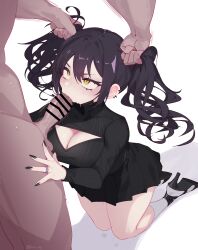 Rule 34 | 1boy, 1girl, bar censor, black footwear, black hair, black nails, black shirt, black skirt, blush, breasts, censored, cleavage, cleavage cutout, clothed female nude male, clothing cutout, earclip, eonsang, fellatio, full body, girls&#039; frontline, grabbing another&#039;s hair, hair between eyes, hand on another&#039;s thigh, hetero, high heels, highres, jewelry, kneeling, large breasts, legs together, long hair, long sleeves, looking at another, miniskirt, motion lines, muscular, muscular male, nail polish, nude, oral, out of frame, pleated skirt, ring, saliva, sangvis ferri, scarecrow (girls&#039; frontline), shadow, shirt, sidelocks, signature, simple background, skirt, socks, solo focus, sweat, thick thighs, thighs, twintails, v-shaped eyebrows, white background, white socks, yellow eyes