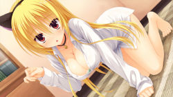 Rule 34 | 1girl, :o, all fours, animal ears, barefoot, bell, blonde hair, blush, bra, breasts, cat ears, chestnut mouth, cleavage, collar, dracu-riot!, dress shirt, dutch angle, fake animal ears, feet, fingernails, game cg, hanging breasts, image sample, large breasts, lingerie, muririn, neck bell, nicola cepheus, no panties, paw pose, shirt, toenails, underwear