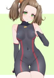 Rule 34 | 1girl, absurdres, bare shoulders, black bodysuit, black gloves, bodysuit, breasts, brown hair, closed mouth, commentary request, covered collarbone, covered navel, elbow gloves, fingerless gloves, forehead, gloves, green background, green eyes, groin, hand up, highres, kamidan, looking at viewer, shania (xenoblade), small breasts, solo, thigh gap, twintails, two-tone background, v-shaped eyebrows, white background, xenoblade chronicles (series), xenoblade chronicles 3