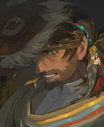 Rule 34 | 1boy, beard stubble, brown eyes, brown hair, cha neung (cha neung ), dark-skinned male, dark background, dark skin, facial hair, grin, highres, long hair, looking at viewer, looking to the side, mask, mask on head, mature male, mouth hold, multicolored clothes, multicolored scarf, portrait, reverse:1999, scarf, shamane, shirt, smile, solo, stalk in mouth, stubble, teeth, white shirt
