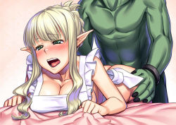 Rule 34 | 1boy, 1girl, apron, ass, ass grab, bed sheet, bent over, blonde hair, blush, braid, breast rest, breasts, cleavage, doggystyle, elf, french braid, green eyes, h kasei, hetero, large breasts, long hair, moaning, monster, naked apron, open mouth, orc, original, pointy ears, sex, sex from behind, sheet grab, short hair, solo focus, tongue, vaginal, wavy mouth