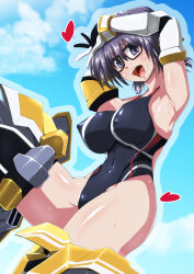 Rule 34 | 1girl, alice gear aegis, armpits, arms up, black-framed eyewear, black eyes, black hair, breasts, competition swimsuit, covered erect nipples, elbow gloves, gloves, highleg, highleg swimsuit, highres, impossible clothes, impossible swimsuit, komazoi eden, large breasts, low twintails, one-piece swimsuit, open mouth, presenting armpit, short hair, solo, swimsuit, tappa (esperanza), thighhighs, twintails