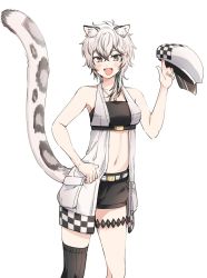 Rule 34 | 1girl, animal ear fluff, animal ears, arknights, asymmetrical hair, bandeau, black bandeau, black shorts, black thighhighs, blush, breasts, checkered clothes, checkered headwear, cliffheart (arknights), commentary request, earrings, fang, grey eyes, hat, highres, holding, holding clothes, holding hat, jewelry, leopard ears, leopard girl, leopard tail, medium breasts, moboj13, necklace, open mouth, short hair, shorts, silver hair, simple background, single earring, single thighhigh, sleeveless, sleeveless duster, solo, tail, thigh strap, thighhighs, unworn hat, unworn headwear, white background
