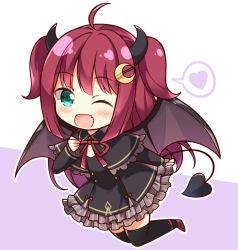 Rule 34 | 1girl, ;d, ahoge, black capelet, black dress, black ribbon, black thighhighs, blush, brown wings, capelet, chibi, commentary request, crescent, crescent hair ornament, demon girl, demon horns, demon tail, demon wings, dress, fang, frilled capelet, frilled dress, frills, full body, green eyes, hair ornament, hand up, heart, horns, kamakani (kanikama8192), long hair, long sleeves, looking at viewer, neck ribbon, nijisanji, one eye closed, open mouth, purple background, red footwear, red hair, ribbon, shoes, sleeves past wrists, smile, solo, spoken heart, tail, thighhighs, two-tone background, two side up, very long hair, virtual youtuber, white background, wings, yuzuki roa