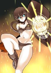 Rule 34 | 10s, 1girl, abo (hechouchou), abyssal ship, aqua eyes, black hair, glowing, glowing eyes, highres, kantai collection, navel, personification, ri-class heavy cruiser, short hair, solo, underwear