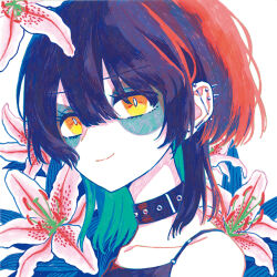 Rule 34 | 1girl, bags under eyes, bare shoulders, black choker, black hair, black shirt, choker, closed mouth, collarbone, commentary request, ear piercing, earrings, flower, hair between eyes, highres, indie virtual youtuber, jewelry, lily (flower), limited palette, looking at viewer, mizuinokima, piercing, portrait, shirt, short hair, smile, solo, virtual youtuber, white background, yellow eyes, yosumi (vtuber)