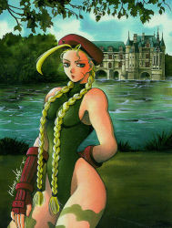 Rule 34 | 1990s (style), 1girl, ahoge, antenna hair, arm behind back, bare shoulders, beret, blonde hair, blue eyes, braid, breasts, cammy white, camouflage, capcom, castle, elbow gloves, fingerless gloves, gloves, hat, huge ahoge, lake, leotard, long hair, lowres, ohse kohime, ouse kohime, retro artstyle, scar, signature, solo, street fighter, street fighter ii (series), twin braids