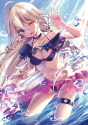 Rule 34 | 1girl, ;d, ahoge, bikini, bison cangshu, black bikini, blonde hair, blue eyes, choker, dutch angle, ia (vocaloid), jewelry, long hair, navel, one eye closed, open mouth, partially submerged, pink skirt, ring, skirt, smile, solo, swimsuit, thigh strap, vocaloid, wading, water, water drop, wink