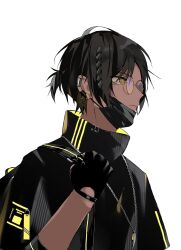 Rule 34 | 1boy, alternate costume, arknights, bespectacled, black gloves, black hair, black jacket, black mask, commentary request, dark-skinned male, dark skin, earclip, frown, glasses, gloves, high collar, highres, hishoti cheese, jacket, jewelry, looking to the side, male focus, mask, mask around neck, mouth mask, necklace, short hair, short ponytail, simple background, solo, surgical mask, thorns (arknights), upper body, white background, yellow eyes