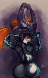 Rule 34 | 1girl, andava, ass, back, colored sclera, colorized, fang, grin, helmet, highres, huge ass, lipstick, long hair, looking back, makeup, midna, neon trim, nintendo, orange hair, pointy ears, ponytail, purple lips, red eyes, scrunchie, smile, solo focus, the legend of zelda, the legend of zelda: twilight princess, third-party edit, yellow sclera