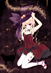 Rule 34 | 1girl, argyle, argyle background, argyle clothes, bad id, bad nicoseiga id, black cat, blonde hair, breasts, cat, cielitz, cleavage, hat, high heels, highres, legs, light particles, open shoes, original, red eyes, sandals, shoes, thighhighs, white thighhighs, witch hat