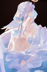 Rule 34 | 1girl, absurdres, ass, azur lane, bath, bathing, black background, blue ribbon, commentary request, from behind, full body, grandia lee, halo, highres, illustrious (azur lane), long hair, looking at viewer, looking back, nude, original, parted lips, partially submerged, purple eyes, purple hair, ribbon, simple background, solo, unicorn (azur lane), wet, wet towel, wings