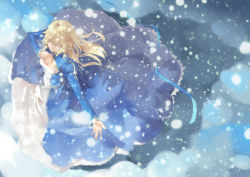 Rule 34 | 1girl, artoria pendragon (fate), azomo, blonde hair, blue dress, breasts, cleavage cutout, closed mouth, clothing cutout, commentary, dancing, dress, fate/stay night, fate (series), hair down, hand on own chest, juliet sleeves, long dress, long hair, long sleeves, puffy sleeves, saber (fate), small breasts, smile, snow, snowing, solo, standing