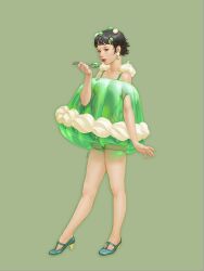 Rule 34 | 1girl, aqua footwear, black hair, brown eyes, eating, fashion, full body, green background, green one-piece swimsuit, high heels, highres, holding, holding spoon, jellow, one-piece swimsuit, original, parrot30198432, red lips, short hair, spoon, swimsuit, whipped cream