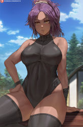 Rule 34 | 1girl, arm support, black leotard, black thighhighs, bleach, blue sky, blurry, blurry background, breasts, cloud, covered navel, dark-skinned female, dark skin, female focus, hand on own hip, highleg, highleg leotard, highres, large breasts, leotard, looking at viewer, outdoors, parted lips, patreon username, ponytail, shexyo, shihouin yoruichi, sky, solo, thighhighs, toned, tree, watermark, web address, yellow eyes