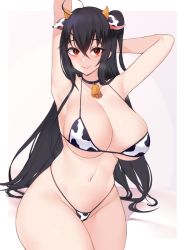 Rule 34 | 1girl, ahoge, animal ears, animal print, arms up, azur lane, bare shoulders, bell, bikini, black hair, breasts, collarbone, commentary, cow ears, cow horns, cow print, cowbell, cowboy shot, crossed bangs, eyelashes, groin, hair between eyes, heavy breathing, horns, kuavera, long hair, looking at viewer, navel, parted lips, red eyes, skindentation, smile, solo, string bikini, swimsuit, taihou (azur lane), thick thighs, thighs, underboob