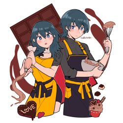 Rule 34 | 1boy, 1girl, alternate costume, apron, artist name, black hair, blue eyes, bowl, breasts, byleth (female) (fire emblem), byleth (fire emblem), byleth (male) (fire emblem), candy, chocolate, chocolate heart, do m kaeru, fire emblem, fire emblem: three houses, food, heart, looking back, medium breasts, nintendo, parted lips, pastry bag, short hair, whisk, white background