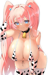 Rule 34 | :3, absurdres, angelic buster, animal print, bare shoulders, bikini, black collar, blue eyes, blush, breasts, cleavage, closed mouth, collar, collarbone, cow print, cow print bikini, cow print gloves, cow print thighhighs, cowbell, elbow gloves, eyelashes, feet out of frame, gloves, hair between eyes, hair ornament, hand in own hair, hand up, hanging breasts, highres, large breasts, leaning forward, long hair, looking at viewer, maplestory, neck bell, pink hair, print bikini, print gloves, print thighhighs, shiny skin, simple background, smile, standing, swimsuit, thigh gap, thighhighs, twintails, very long hair, white background
