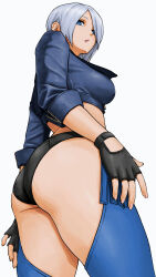 Rule 34 | 1girl, angel (kof), ass, ass cutout, ass focus, backless pants, blue eyes, breasts, chaps, clothing cutout, crop top, cropped jacket, fingerless gloves, gloves, hair over one eye, highres, jacket, large breasts, leather, leather jacket, looking at viewer, panties, pants, revealing clothes, short hair, snk, solo, the king of fighters, the king of fighters xiv, underwear, white hair, x chitch