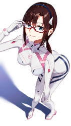 Rule 34 | 1girl, adjusting eyewear, ass, blue eyes, bodysuit, breasts, brown hair, commentary, dejio, evangelion: 3.0+1.0 thrice upon a time, full body, glasses, hairband, hand on own knee, interface headset, leaning forward, long hair, looking at viewer, makinami mari illustrious, medium breasts, multicolored bodysuit, multicolored clothes, neon genesis evangelion, official alternate costume, pilot suit, plugsuit, rebuild of evangelion, red-framed eyewear, smile, solo, standing, twintails, white bodysuit