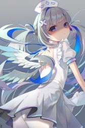 Rule 34 | 1girl, :t, absurdres, amane kanata, amane kanata (nurse), angel wings, apron, ass, blue hair, blunt bangs, blush, closed mouth, dress, feathered wings, frilled apron, frills, from behind, grey background, grey hair, hair ornament, hat, highres, hololive, long hair, looking at viewer, looking back, may.l, multicolored hair, nurse, nurse cap, pantyhose, pleated dress, pout, puffy short sleeves, puffy sleeves, purple eyes, shaded face, short sleeves, simple background, single hair intake, solo, twintails, two-tone hair, v-shaped eyebrows, very long hair, virtual youtuber, white apron, white dress, white hat, white pantyhose, white wings, wings, x hair ornament