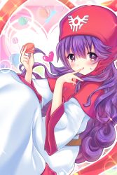 Rule 34 | blush, curly hair, dragon quest, dragon quest ii, food, hat, heart, highres, long hair, long sleeves, looking at viewer, macaron, moon setuna, princess, princess of moonbrook, purple eyes, purple hair, robe, smile, solo, sweets, tongue, tongue out, white robe, wide sleeves