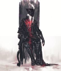 Rule 34 | 1girl, blood, blood drip, bloodborne, boots, coat, commentary, english commentary, gauntlets, hat, hat feather, highres, lady maria of the astral clocktower, pants, shimhaq, sitting, solo, the old hunters, throne, tricorne