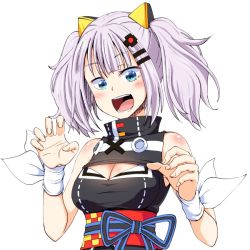 Rule 34 | 1girl, :d, bad id, bad twitter id, bare shoulders, black dress, blue eyes, blush, breasts, claw pose, cleavage, commentary request, dress, fingernails, hair ornament, hairclip, headgear, kaguya luna, large breasts, looking at viewer, obi, open mouth, poncocchan, purple hair, sash, short dress, short hair, simple background, smile, solo, the moon studio, twintails, upper body, virtual youtuber, white background, wristband