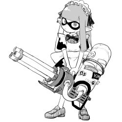 Rule 34 | 1girl, apron, blunt bangs, blunt ends, blush, bow, bowtie, closed mouth, domino mask, frilled apron, frills, full body, gatling gun, greyscale, gun, hairband, head tilt, heavy splatling (splatoon), highres, holding, holding gun, holding weapon, inkling, inkling girl, inkling player character, ken sogen, loafers, lolita hairband, long hair, looking at viewer, machine gun, maid, maid apron, mask, medium machine gun, minigun, monochrome, multiple-barrel firearm, nintendo, pointy ears, puffy short sleeves, puffy sleeves, rotary machine gun, shoes, short sleeves, sidelocks, simple background, solo, splatoon (series), standing, sticker, supreme (brand), two-handed, v arms, weapon