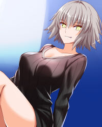 Rule 34 | 1girl, alternate costume, black sweater, blue background, breasts, collarbone, commentary request, engo (aquawatery), fate/grand order, fate (series), grey hair, grin, hair between eyes, highres, jeanne d&#039;arc alter (fate), large breasts, long sleeves, looking at viewer, naked sweater, ribbed sweater, short hair, simple background, sitting, smile, solo, sweater, teeth, thighs, yellow eyes