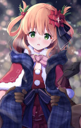Rule 34 | 1girl, alternate costume, blurry, blurry background, blush, brown hair, gloves, green eyes, hair ornament, hair rings, highres, looking at viewer, open mouth, portrait, pov, princess connect!, rino (christmas) (princess connect!), rino (princess connect!), scarf, snowing, solo, syurimp