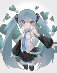 Rule 34 | 1girl, aqua eyes, arm tattoo, bare shoulders, black skirt, black sleeves, black thighhighs, blue hair, blue necktie, blush, breasts, collared shirt, commentary, cowboy shot, cropped legs, detached sleeves, hair ornament, hatsune miku, highres, long hair, long sleeves, looking at viewer, miniskirt, necktie, number tattoo, parted lips, pleated skirt, semi ame shigure, shirt, simple background, skirt, sleeveless, sleeveless shirt, small breasts, solo, spring onion, standing, tattoo, thighhighs, twintails, very long hair, vocaloid, white background, white shirt, wide sleeves, zettai ryouiki