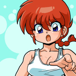 Rule 34 | 1girl, blue eyes, breasts, cleavage, gender request, genderswap, open mouth, pointing, ranma-chan, ranma 1/2, red hair, saotome ranma, solo, tank top, upper body, wanta (futoshi)