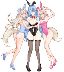 Rule 34 | 3girls, ahoge, animal ear fluff, animal ears, armpits, ass, bare shoulders, black footwear, black leotard, black thighhighs, blonde hair, blue bow, blue bowtie, blue eyes, blue footwear, blue hair, blue leotard, blush, bow, bowtie, breasts, cleavage, colored tips, commission, covered navel, detached collar, dog ears, dog girl, dog tail, fake animal ears, fang, fuwawa abyssgard, hair between eyes, hair ornament, heart, heart ahoge, high heels, highleg, highleg leotard, highres, hololive, hololive english, large breasts, leotard, long hair, looking at viewer, ma draws, mococo abyssgard, multicolored hair, multiple girls, navel, one eye closed, open mouth, pantyhose, pink bow, pink bowtie, pink eyes, pink footwear, pink hair, pink leotard, playboy bunny, pointy ears, rabbit ears, red bow, red bowtie, short hair, siblings, sisters, skin fang, small breasts, strapless, strapless leotard, streaked hair, tail, thighhighs, thighs, traditional bowtie, twins, virtual youtuber, wrist cuffs, yellow eyes, yukihana lamy