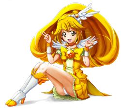 Rule 34 | 10s, 1girl, blonde hair, blush, boots, bow, choker, cure peace, double v, dress, earrings, eyelashes, full body, hair flaps, hair ornament, happy, high heel boots, high heels, highres, jewelry, kise yayoi, knee boots, kneehighs, long hair, looking at viewer, magical girl, open mouth, panties, pantyshot, ponytail, precure, shirt, simple background, sitting, skirt, smile, smile precure!, socks, solo, underwear, upskirt, v, white background, wrist cuffs, yellow bow, yellow dress, yellow eyes, yellow skirt, yellow theme, zielgigas