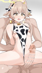 Rule 34 | 1boy, 1girl, absurdres, alternate costume, animal ears, animal print, arm grab, back, backless outfit, backless swimsuit, bar censor, bare arms, bare legs, bare shoulders, bell, bikini, blue archive, blush, breasts, censored, collarbone, cow ears, cow horns, cow print, cowbell, donutman, ear tag, fake animal ears, fake horns, grabbing, grabbing from behind, hair bell, hair ornament, halo, halterneck, hetero, hifumi (blue archive), highleg, highleg leotard, highres, horns, leotard, light brown hair, long hair, low twintails, motion lines, navel, open mouth, penis, pussy, sensei (blue archive), simple background, small breasts, solo focus, spread legs, swimsuit, teeth, testicles, twintails, underboob, upper teeth only, white background, wide-eyed, wing hair ornament, wings, yellow eyes