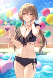 Rule 34 | 1girl, balloon, bead bracelet, beads, bikini, black bikini, blue sky, blurry, blush, bracelet, breasts, brown hair, bshi edayo, cleavage, cloud, cloudy sky, commentary request, cup, depth of field, drink, drinking glass, drinking straw, frilled bikini, frills, glint, gradient eyes, hair between eyes, heart pendant, highres, holding, holding cup, holding drink, innertube, jewelry, legs together, looking at viewer, medium breasts, multicolored eyes, navel, necklace, original, outdoors, pool, purple eyes, side-tie bikini bottom, sidelocks, sky, sleeveless, smile, solo, stomach, summer, sunlight, swim ring, swimsuit, twintails, water, wine glass, yellow eyes