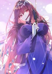 Rule 34 | 1girl, blurry, blurry background, breasts, covered navel, cowboy shot, dress, fate/grand order, fate (series), fur trim, hakuishi aoi, holding, holding wand, large breasts, light particles, long hair, long sleeves, looking at viewer, pink eyes, pink hair, pink lips, purple dress, purple hair, scathach (fate), scathach skadi (fate), solo, tiara, wand, wide sleeves