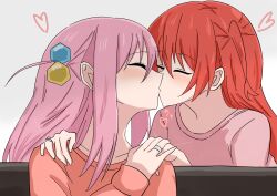 Rule 34 | 2girls, absurdres, blush, bocchi the rock!, closed eyes, commentary request, couple, cube hair ornament, from behind, gotoh hitori, hair ornament, hand on another&#039;s shoulder, heart, highres, holding hands, hoshina (78737696), jewelry, kiss, kita ikuyo, long hair, long sleeves, medium hair, multiple girls, pink hair, ponytail, red hair, ring, shirt, side ponytail, sidelocks, simple background, sweater, thumb ring, upper body, wedding ring, white background, wife and wife, yuri