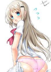 Rule 34 | 1girl, ass, bat hair ornament, blonde hair, blue eyes, blush, bow, dated, feet, flying sweatdrops, from behind, hair ornament, little busters!, long hair, looking at viewer, looking back, no pants, noumi kudryavka, open mouth, panties, pink panties, red bow, school uniform, shirt, short sleeves, signature, simple background, sitting, solo, underwear, very long hair, wariza, white background, white legwear, white shirt, yappen, yatsu (sasuraino)