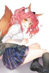Rule 34 | 10s, 1girl, animal ear fluff, animal ears, black socks, blush, breasts, clothes around waist, commentary request, fangs, fate/extella, fate/extra, fate/grand order, fate (series), fox ears, fox tail, highres, jacket, jacket around waist, kneehighs, long hair, looking at viewer, medium breasts, official alternate costume, parted lips, pink hair, plaid, plaid skirt, school uniform, shirt, shoes, sitting, skirt, smile, socks, solo, tail, tamamo (fate), tamamo no mae (jk) (fate), tomozero, twintails, white shirt, yellow eyes, yokozuwari