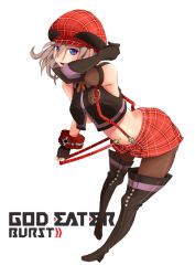 Rule 34 | 10s, 1girl, alisa ilinichina amiella, arm up, armpits, bent over, blue eyes, blush stickers, boots, breasts, cabbie hat, crop top, crop top overhang, elbow gloves, fingerless gloves, gloves, god eater, god eater burst, hat, highres, long hair, looking at viewer, pantyhose, silver hair, simple background, skirt, smile, solo, suspender skirt, suspenders, thigh boots, thighhighs, underboob, white background
