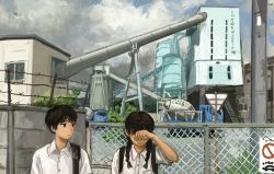 Rule 34 | 1boy, 1girl, backpack, bag, barbed wire, black bag, black hair, blue sky, braid, brown eyes, brown hair, brush stroke, building, chain-link fence, cloud, cloudy sky, collared shirt, concrete mixer truck, covering own eyes, expressionless, factory, fence, foliage, hand up, highres, looking at another, looking to the side, minahamu, motor vehicle, original, refinery, rust, shirt, short hair, short sleeves, shoulder bag, sign, sky, truck, twin braids, upper body, utility pole, warning sign, white shirt