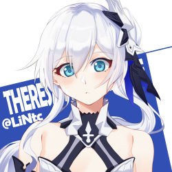 Rule 34 | 1girl, absurdres, bare shoulders, blue eyes, closed mouth, hair between eyes, hair ornament, highres, honkai (series), honkai impact 3rd, jiaoxiang tc, long hair, looking at viewer, ponytail, solo, theresa apocalypse, theresa apocalypse (twilight paladin), white background, white hair