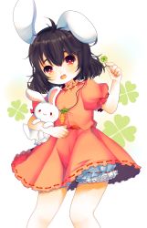 Rule 34 | 1girl, :3, absurdres, animal, animal ears, black hair, bloomers, buck teeth, carrot necklace, clover, contrapposto, cowboy shot, cropped legs, dress, flat chest, four-leaf clover, gradient background, hair between eyes, head tilt, highres, holding, holding animal, holding clover, inaba mob (touhou), inaba tewi, jewelry, looking at viewer, lovefumiki, necklace, open mouth, petticoat, pink dress, puffy short sleeves, puffy sleeves, rabbit, rabbit ears, red eyes, short hair, short sleeves, solo, standing, teeth, thick eyebrows, touhou, underwear, white background
