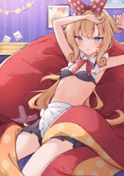 Rule 34 | 1girl, absurdres, airenif, alternate costume, apron, arms up, bean bag chair, bikini, black bikini, black skirt, blonde hair, blue eyes, blush, bow, bowtie, breasts, commentary, english commentary, frilled apron, frilled bikini, frills, hair bow, highres, idol corp, long hair, looking at viewer, maid, maid apron, maid bikini, momo otako, multicolored hair, parted lips, photo (object), picture frame, pink hair, pleated skirt, polaroid, polka dot, polka dot bow, red bow, red bowtie, sitting, skirt, small breasts, solo, streaked hair, swimsuit, tentacles, unconventional maid, virtual youtuber, waist apron, white apron