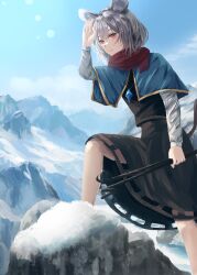 Rule 34 | 1girl, animal ears, blue capelet, capelet, closed mouth, commentary request, crystal, day, dowsing rod, feet out of frame, grey hair, grey skirt, grey vest, highres, hiking, holding, jewelry, kisuke1212, layered clothes, lens flare, long sleeves, looking at viewer, medium bangs, mountain, mountainous horizon, mouse ears, mouse girl, mouse tail, nazrin, orange eyes, outdoors, pendant, red scarf, scarf, shading eyes, shirt, short hair, skirt, skirt set, smile, snow, solo, sunlight, tail, touhou, vest, white shirt