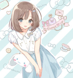Rule 34 | 1girl, :3, bad id, bad pixiv id, blouse, blue eyes, blue skirt, blush, brown hair, character name, cinnamoroll, collarbone, copyright name, cup, hair ornament, hairclip, hello kitty, leaning forward, looking at viewer, open mouth, sanrio, saucer, shirt, short sleeves, skirt, smile, solo, striped, striped background, teacup, tsukigami runa, white shirt