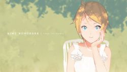 Rule 34 | 1girl, ahoge, blonde hair, blue eyes, character name, head rest, copyright name, dress, earrings, ekao, english text, jewelry, looking at viewer, necklace, nonohara hime, short hair, solo, tokyo 7th sisters, upper body